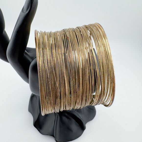 Vintage Wire Wide Gold Tone Multi-Strand Cuff Bracelet Bohemian Statement Retro - Picture 1 of 10